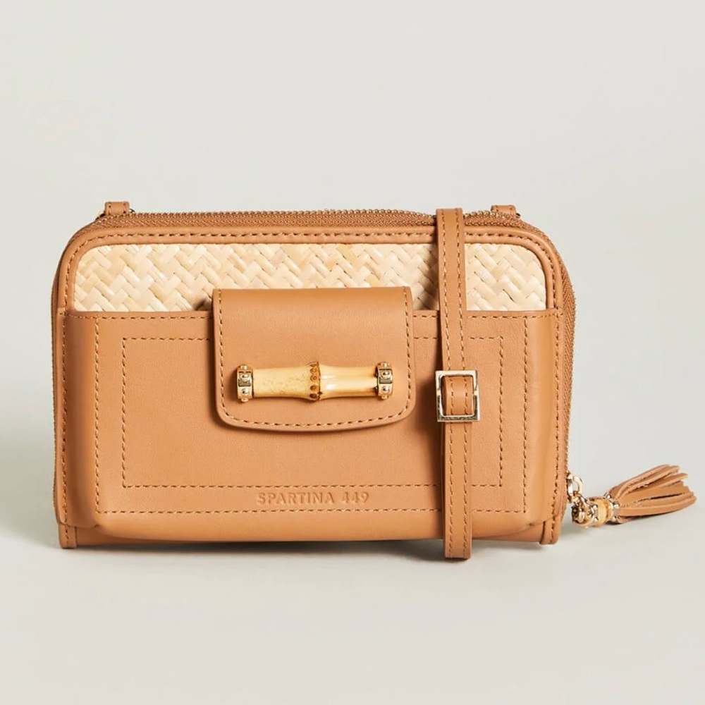 Spartina 449 Leather and Rattan Multi Cell Phone Crossbody in Caramel